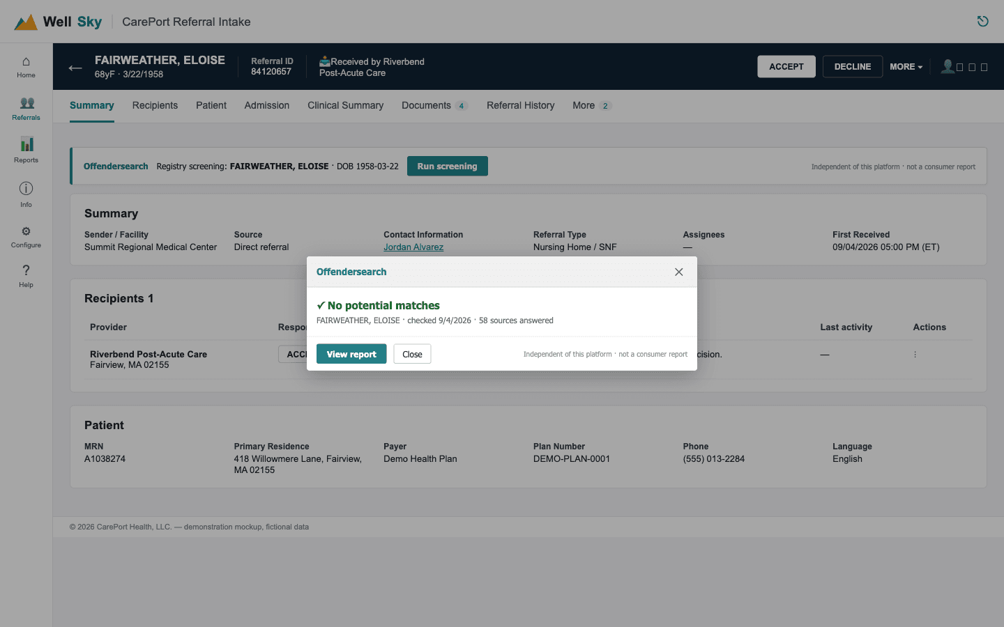 Offendersearch result cards shown over a CarePort referral