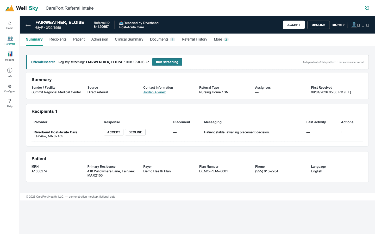 Offendersearch screening panel inside a CarePort referral header